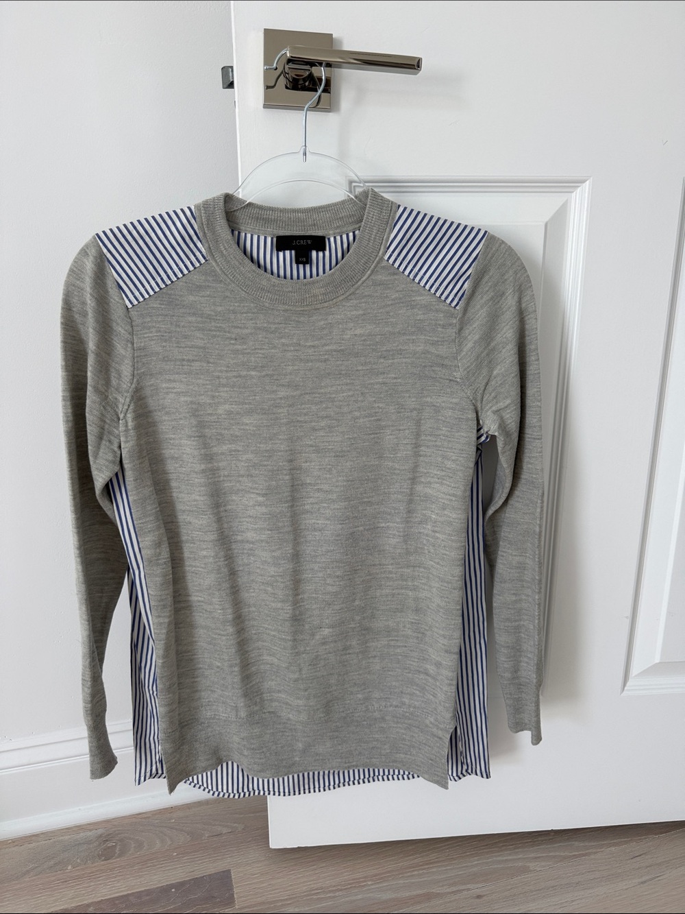 J. Crew Gray Crewneck Sweater with Navy Stripe Accents